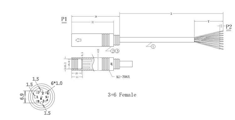 Drawing of 3+6 waterproof electrical plug connectors 3+6 Female waterproof plugs.jpg