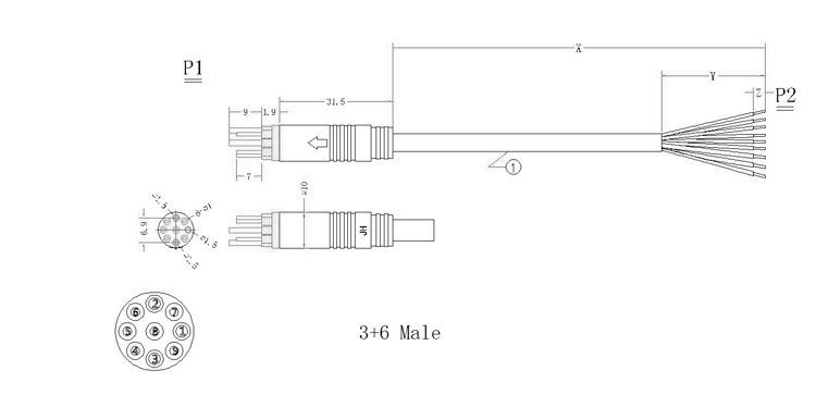 Drawing of 3+6 waterproof electrical plug connectors 3+6 male waterproof cables.jpg